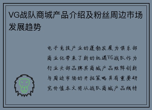 VG战队商城产品介绍及粉丝周边市场发展趋势